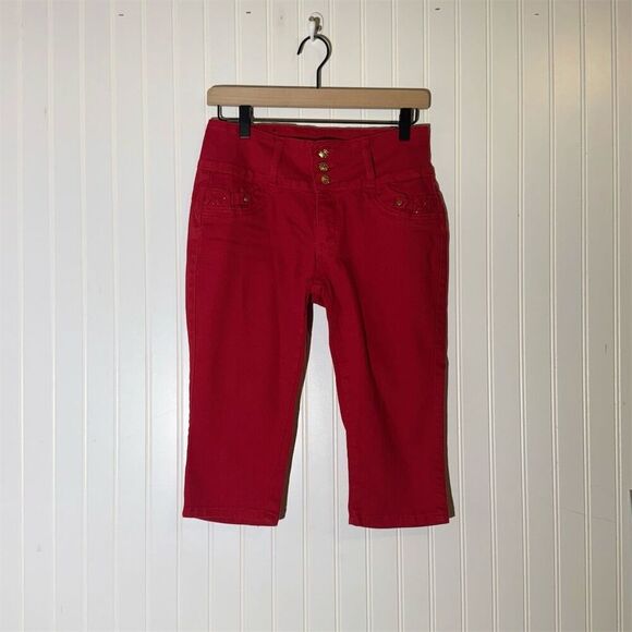 ModaXpress Y2K Red Cropped Pants Sz 13 Lace-Up Gold Button Streetwear Baddie - Picture 1 of 11